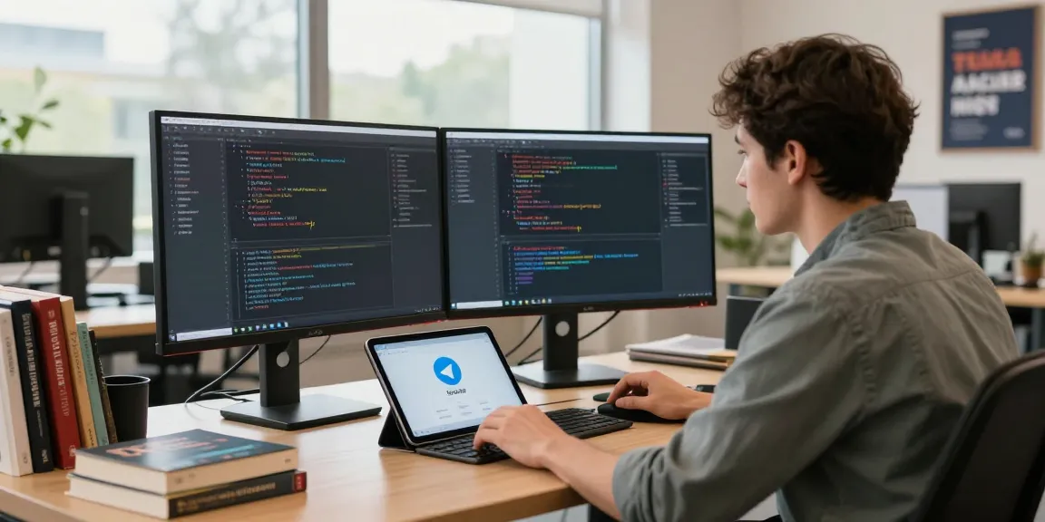 Developer configuring telegram中文 settings in a bright modern office environment with multiple screens.
