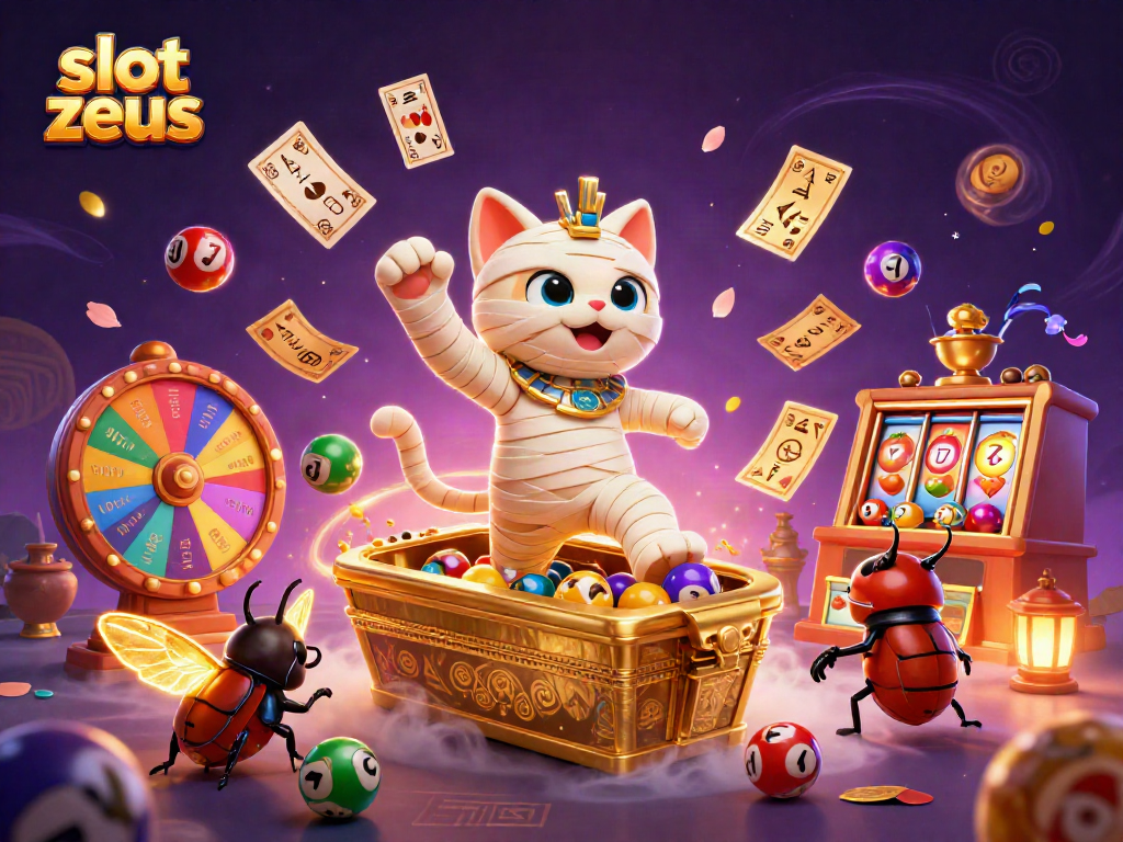 Engage with slot zeus gameplay featuring an Egyptian mummy cat and a glowing scarab in a vibrant casino.