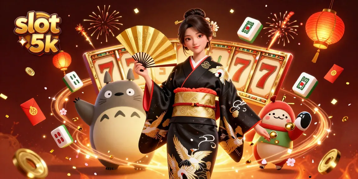Experience big wins with slot 5k in this vibrant 3D casino celebration illustration.