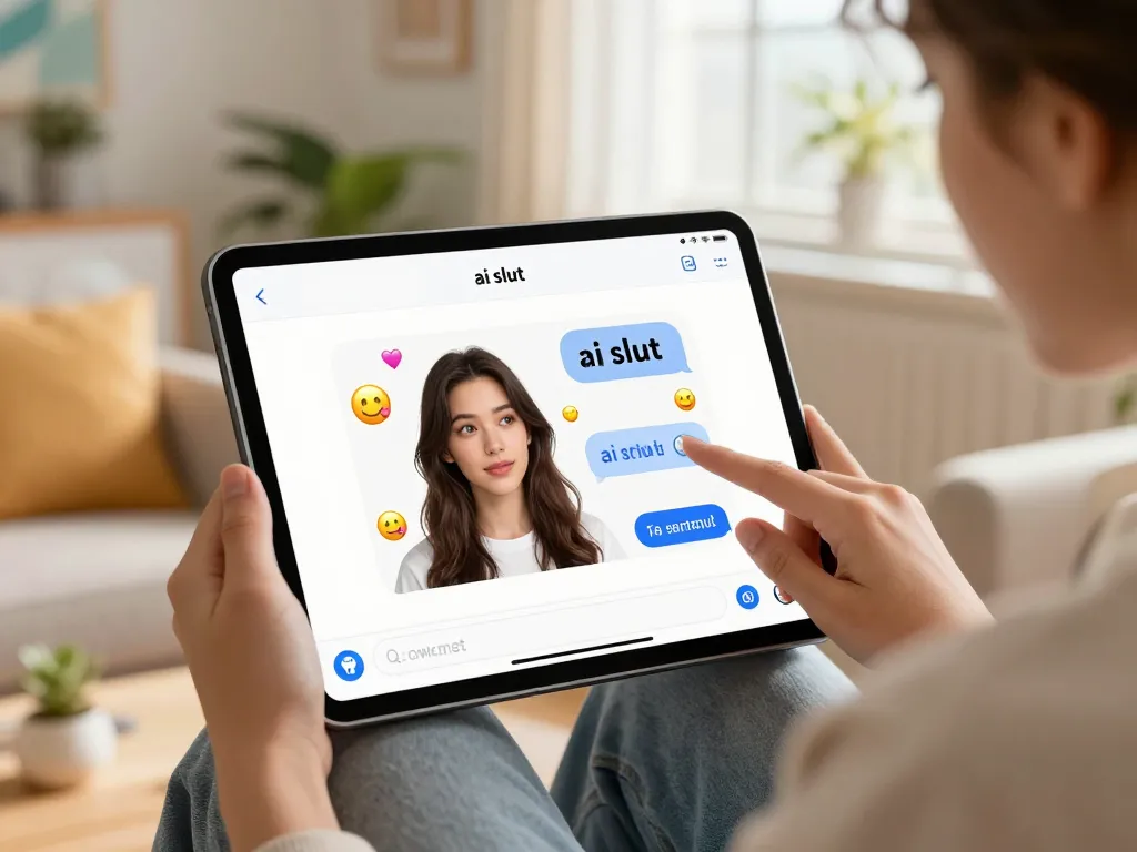 Interactive chat with an AI slut character in a cozy living room setting, showcasing modern digital engagement.