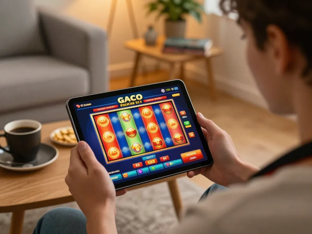 Engaged player spinning slot gaco reels on tablet in a cozy home setting, emphasizing online gambling enjoyment.