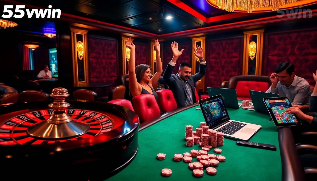 Experience the thrill of gambling at 555win with roulette and poker chips in a luxurious casino setting.