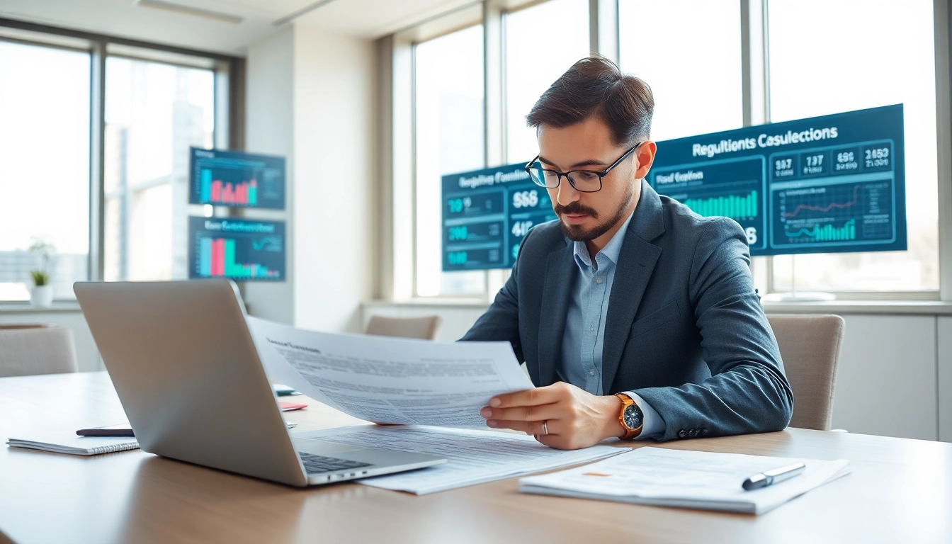 Compliance consultant reviewing FCPA/DCAA/Flowdown/ITAR/EAR compliance regulations in an office setting.