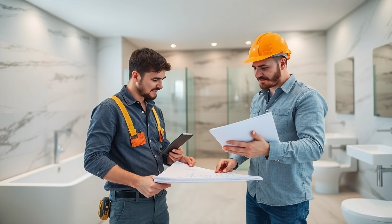 Bathroom renovation contractors near me collaborating on a modern design project in a bright and spacious environment.