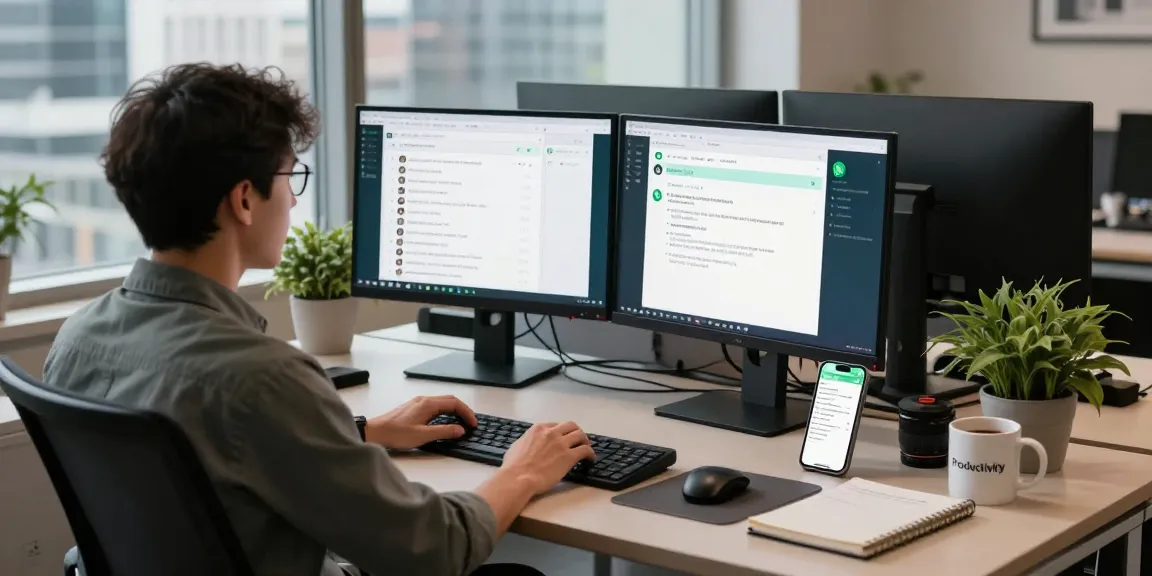 Seated professional using WhatsApp電腦版 on desktop with vibrant city view.