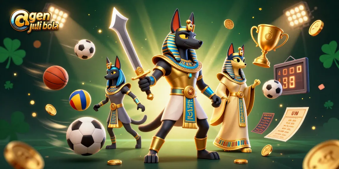 Experience agen judi bola with this vivid 3D scene featuring an Egyptian warrior, sports elements, and dynamic visuals.