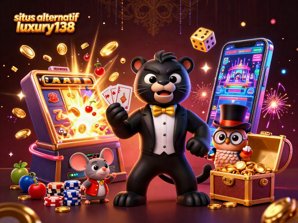 Situs alternatif luxury138 menampilkan panther, burung hantu, dan tikus beruntung di kasino online, merayakan kemenangan dengan slot mesin.