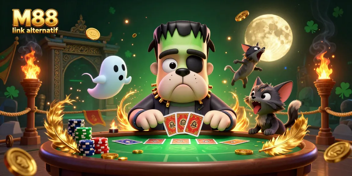 M88 link alternatif showcases a vibrant 3D casino scene with unique characters engaging in a thrilling card game.