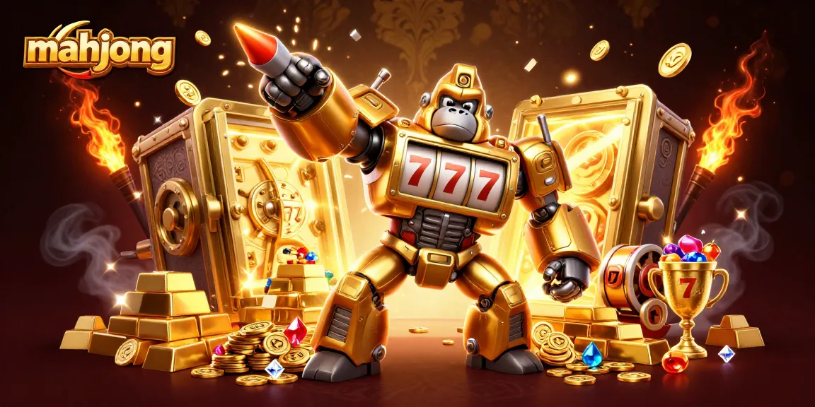 Play mahjong in this dynamic scene with a golden gorilla mech, slot reels, and treasure elements.