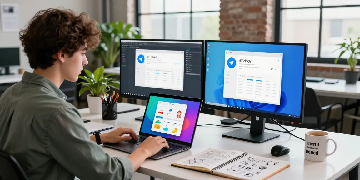Mobile app developer coding on 纸飞机中文版 interface in a vibrant workspace