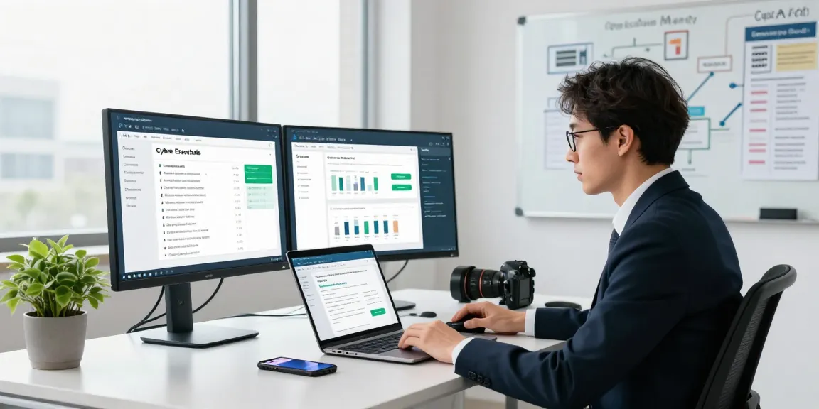 Cyber essentials accreditation process in a modern office, compliance analyst reviewing metrics and guidelines.