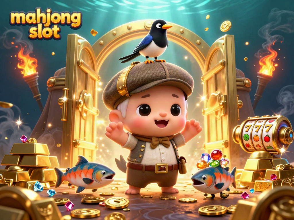 Win big with mahjong slot in this dynamic underwater casino illustration featuring Nessie.