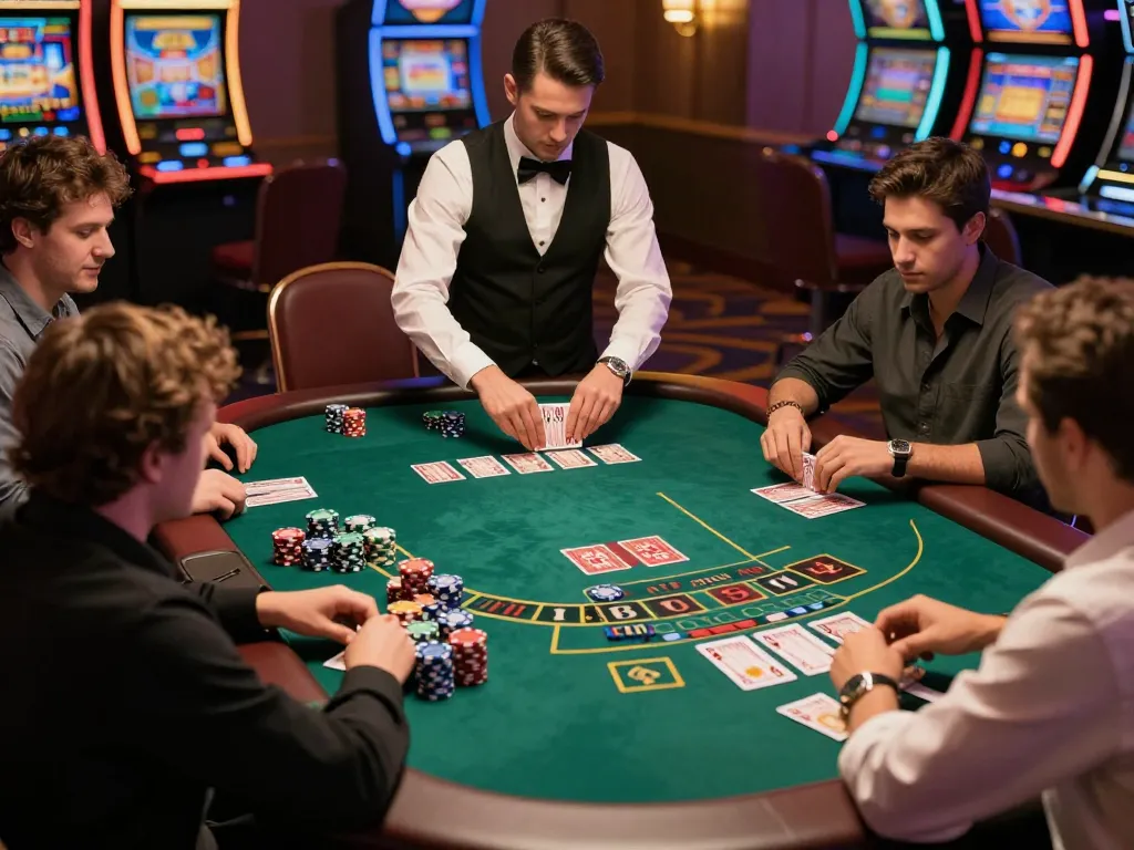 Exciting blackjack game scene representing kèo nhà cái 5 with players engaged in strategies and chips stacked prominently