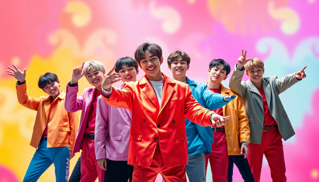 BTS members showcasing their unique styles and vibrant energy in a colorful portrait.