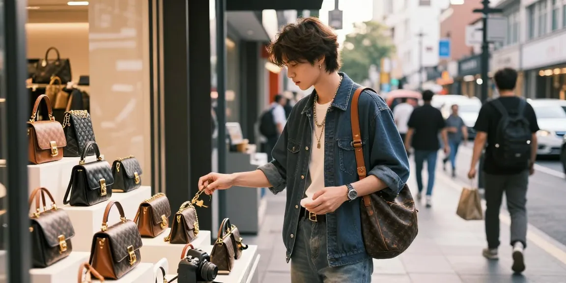 Stylish person exploring high-quality 레플리카 designer items in an urban setting.