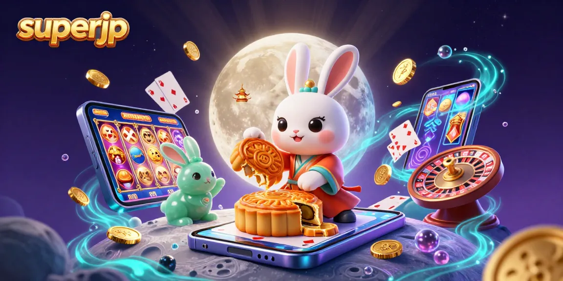 Play and win with superjp at the vibrant casino featuring a dynamic moon rabbit illustration