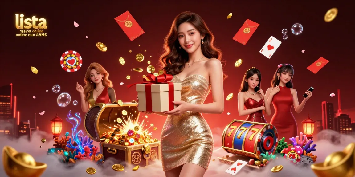 Interagisci con la lista casino online non AAMS mentre una splendida donna asiatica presenta monete d'oro da una scatola regalo festiva in mezzo a grafiche ispirate ai casinò.