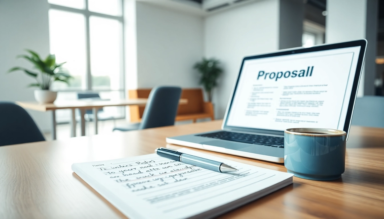 Engaging scene of proposal writing and management in a modern office with essential tools and vibrant atmosphere.