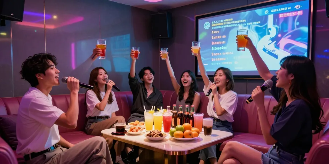 Group enjoying karaoke at www.3no.org's upscale lounge, showcasing vibrant atmosphere with colorful lighting.
