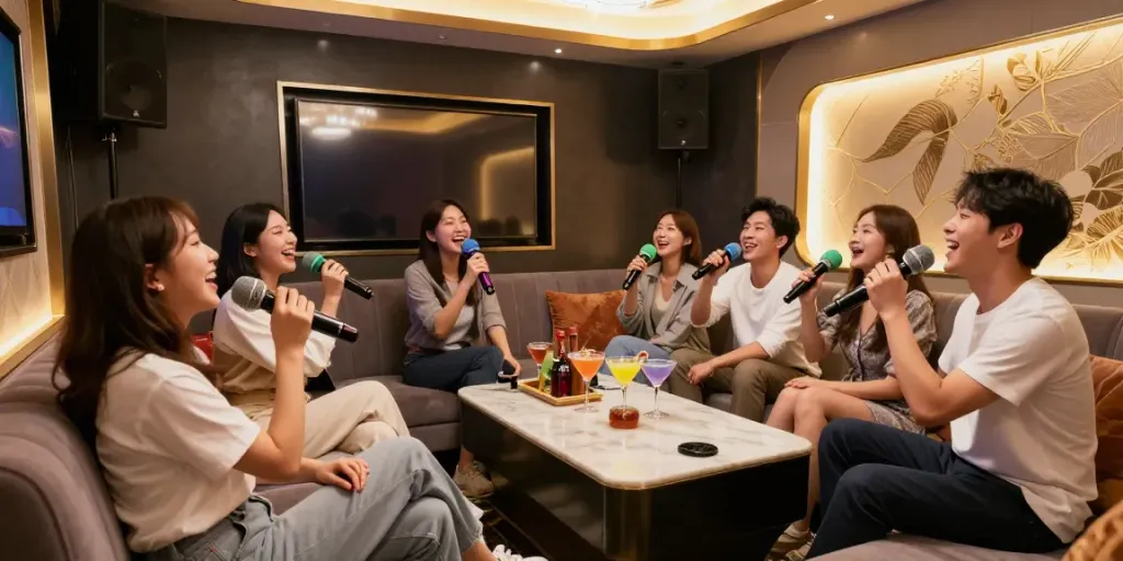 강남 달토의 고급스러운 가라오케 방에서 즐거운 친구들