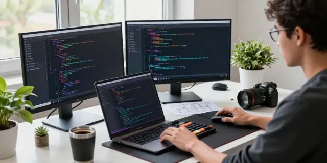 Developer coding in a modern workspace with multiple monitors displaying colorful syntax highlighting in Notepad.