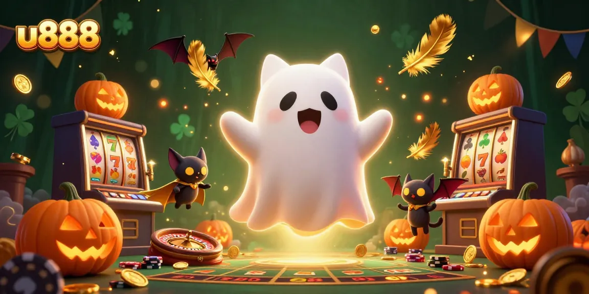 Engage in exciting gameplay at u888 with a friendly ghost cat in a haunted casino scene.