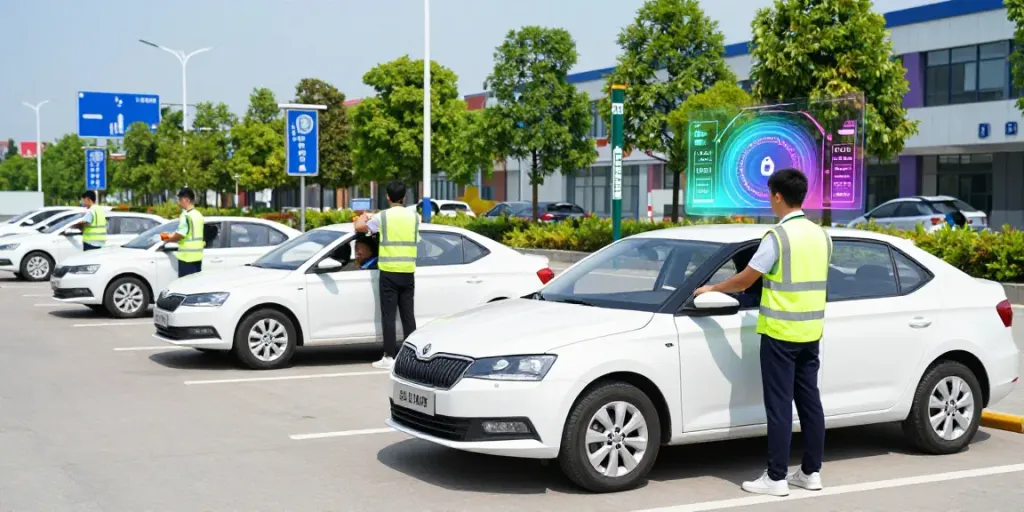 Driving lesson at an auto school with students practicing behind the wheel in Skoda vehicles, showcasing the excitement of learning to drive in Chisinau.