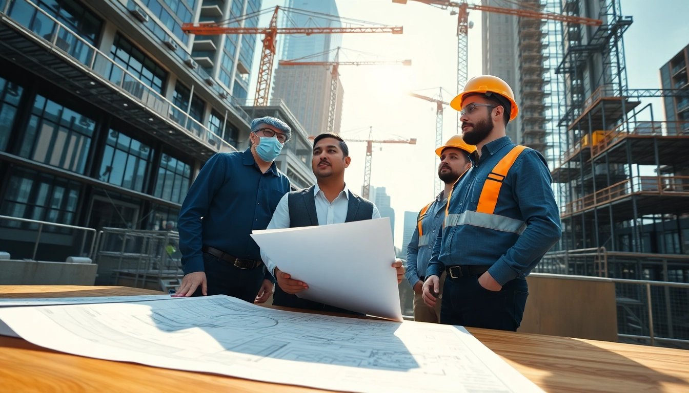 Construction team collaborating at a New York Commercial General Contractor site, plans on display.