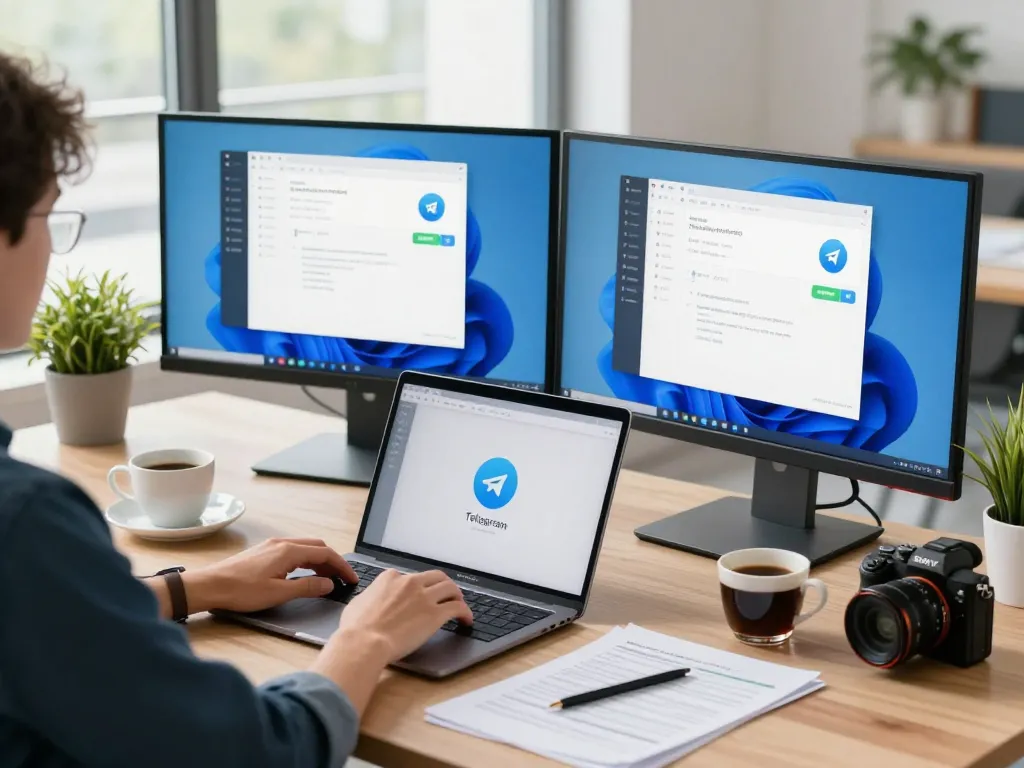 Explore Telegram 中文 in a modern workspace with dual monitors displaying the app interface.