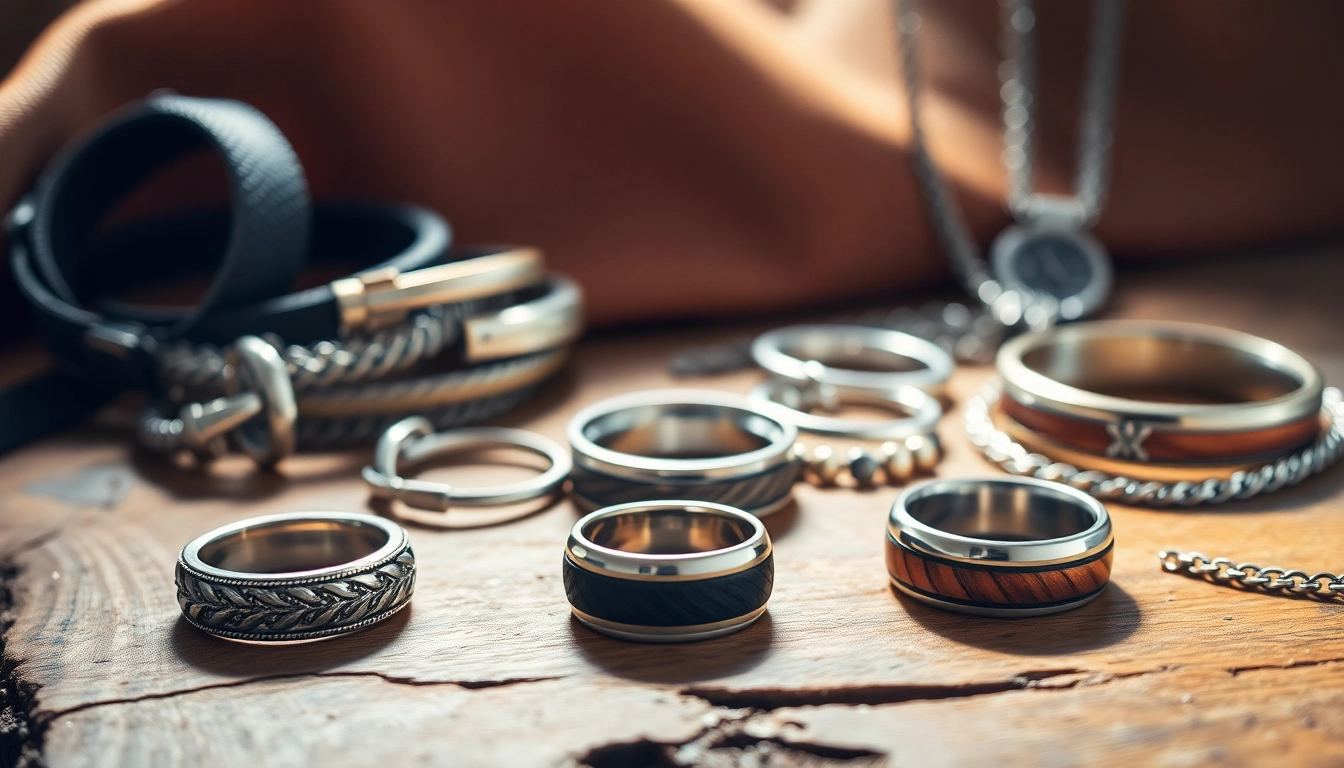 Showcase of men's jewelry including rings and bracelets in a luxurious setting.