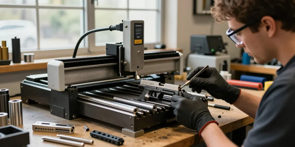 Precision Glock slide customization at https://precisionglockslides.com with expert gunsmith at work in a creative workshop.