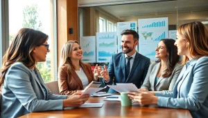 Real Estate agents discussing property listings in a modern office environment.