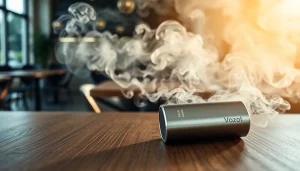 Vozol vaped device on a wooden surface surrounded by vapor clouds, enhancing a relaxing atmosphere.
