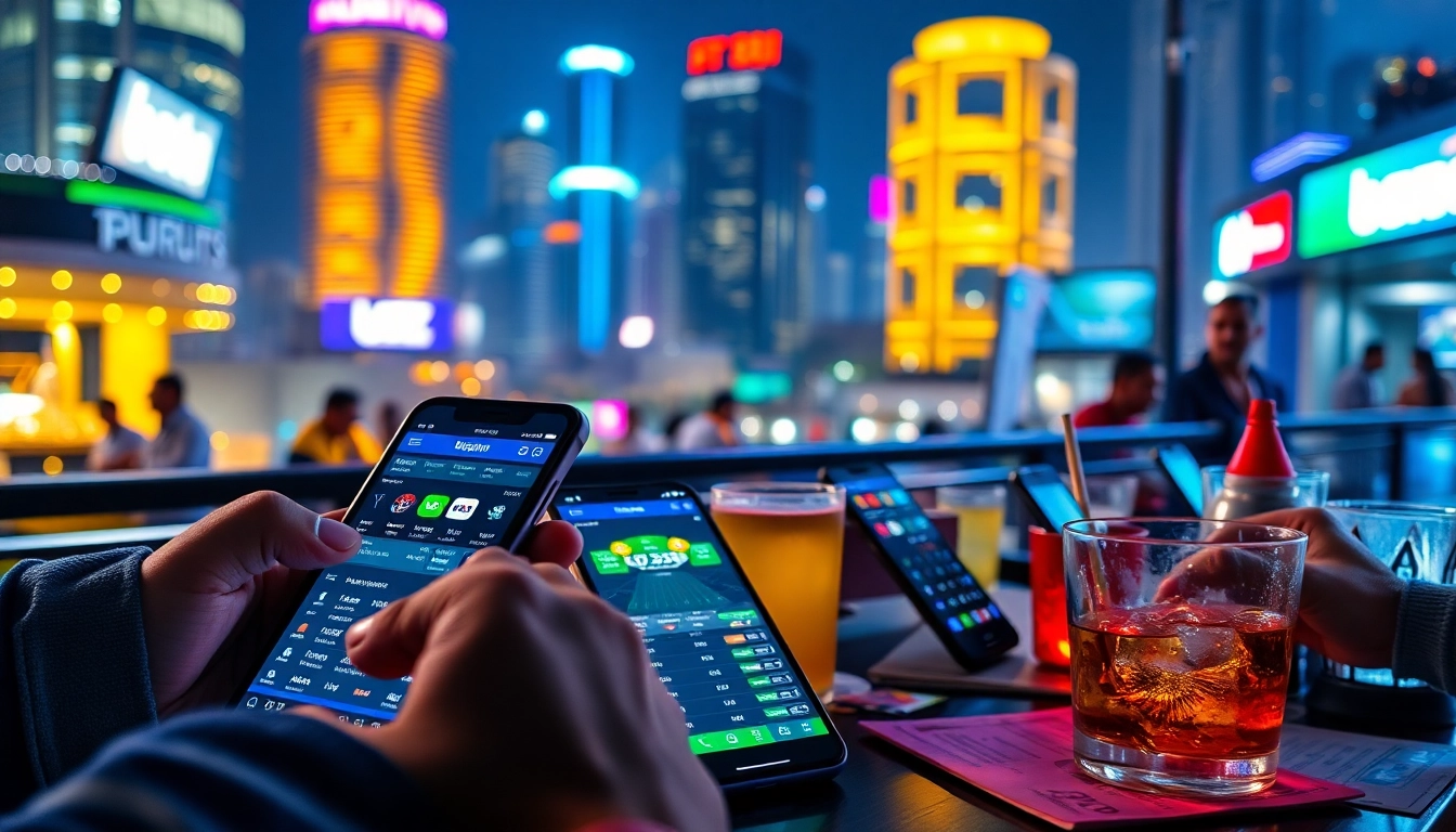 Engaging visual of the best online sportsbooks India featuring vibrant betting apps on mobile devices amid a lively urban backdrop.