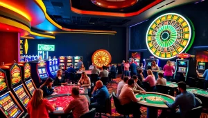 KJC AC vibrant casino atmosphere with poker, roulette, and slots