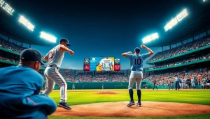 mlb중계를 위한 역동적인 야구 경기 장면, 선수들이 액션을 취하며 팬들이 응원하는 모습