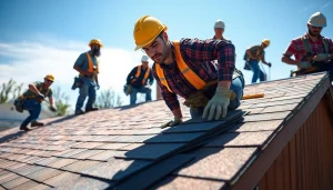 Professional roofing services team installing shingles on a residential roof with a blue sky.