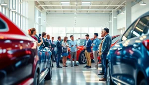 People excitedly Buy a car in a vibrant dealership showcasing various options.