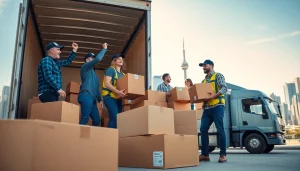 Engaged team providing Toronto moving services by lifting boxes in a vibrant urban setting.
