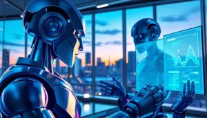 Explore Technology advancements illustrated through a futuristic robotics and AI scene with holographic interactions.