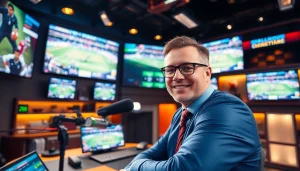 실시간스포츠중계를 위한 전문 방송 스튜디오의 활동적인 모습.