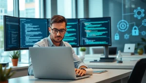 Implementing PowerShell automation for IT compliance in a modern office setting with dual monitors.