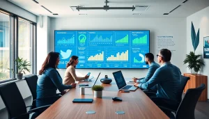 Explore smm services in a dynamic digital marketing workspace, showcasing social media metrics and teamwork.