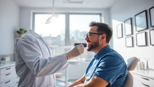 Dentist providing a thorough examination to a patient in a modern clinic environment.