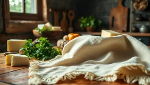 Gebruik van een kaasdoek voor het maken van kaas in een gezellige keuken.