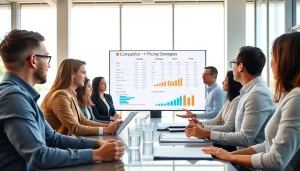 Analyze competitor pricing strategies in a modern office setting with professionals collaborating.