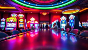 Engaging scene of online casino Saskatchewan players enjoying games with vibrant lighting and gaming tables.