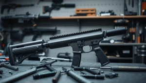 Inspecting a pf940v2 frame kit in a professional gunsmith workshop filled with tools.