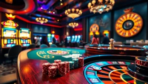 Exciting casino scene featuring MM88 poker table with vibrant chips and cards.