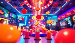 Permainan plinko demo yang menarik dengan pegs berwarna-warni dan disk jatuh yang dinamis.